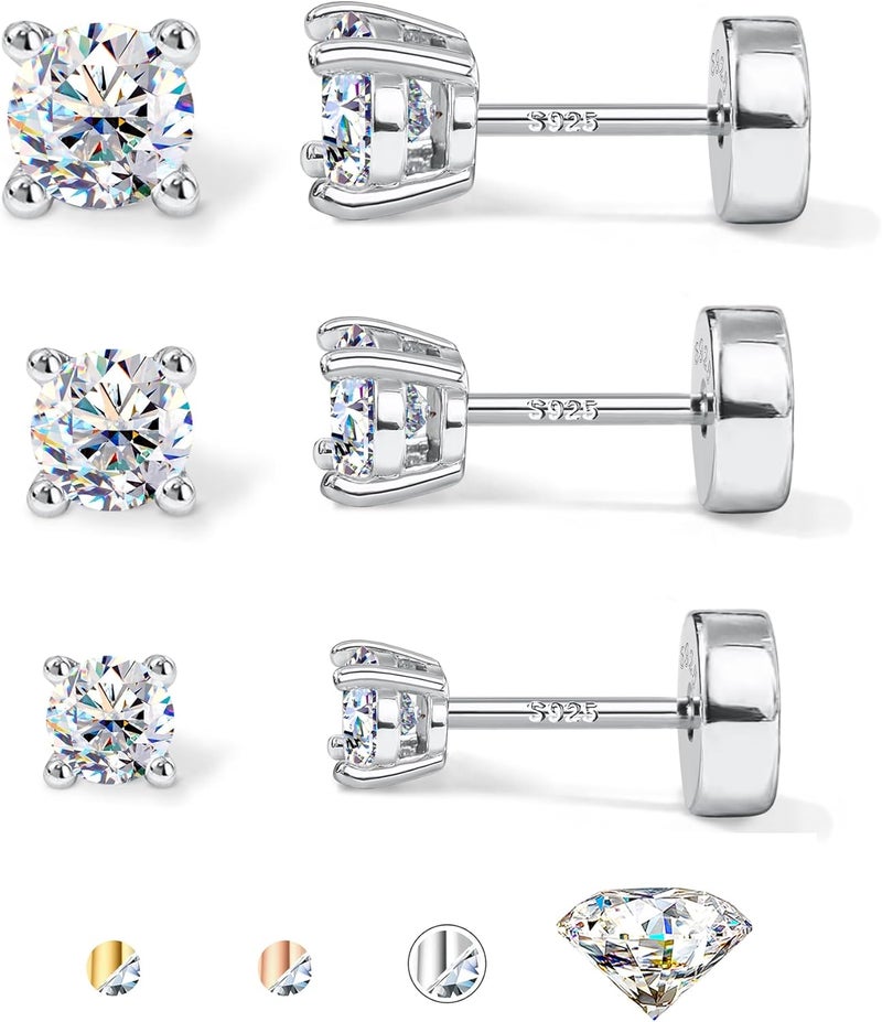 GEMQUEEN 3 Pairs Moissanite Earrings Studs 14K Gold Plated S925 Sterling Silver Flat Back Earring for Women Men - Hypoallergenic Set Cartilage Helix Piercing Jewelry Trendy Thanksgiving Christmas Gifts D Color VVS1 1.8CT - Image 1